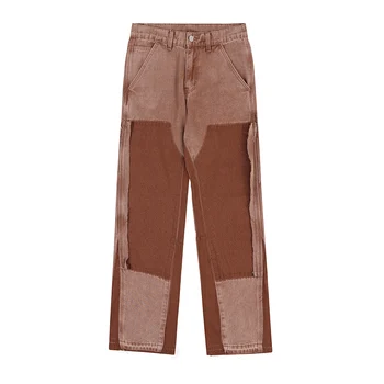 Винтажные прямые джинсы с цветными блоками в стиле хип-хоп, потертые джинсовые брюки в стиле пэчворк для мужчин, уличная одежда, потертые джинсовые брюки
