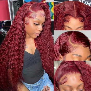 Глубокая Волна Синтетические Волосы На Кружеве Искусственные Парики 13x4 13X6 Красный Цвет HD Синтетические Волосы На Кружеве Искусственные Парики Предварительно Выщипанные 99J Бордовые Глубокие Вьющиеся Человеческие Волосы Искусственные Парики Mamushow