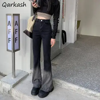Градиентные расклешенные джинсы, женские Тонкие Винтажные выстиранные уличные брюки с высокой талией, Harajuku, Шикарная мода, Корейский стиль, Женский дизайн