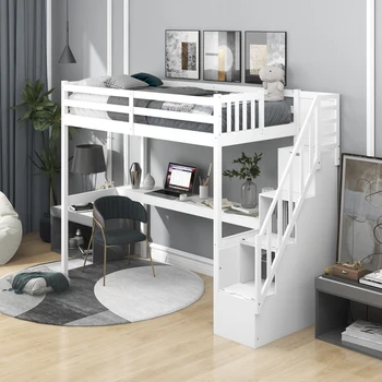 Двуспальная кровать-чердак с лестницей и встроенным письменным столом, белый