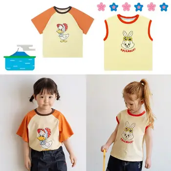 Детская одежда, футболка для маленьких девочек и мальчиков, футболка с милым мультяшным принтом в цветном блоке, летняя одежда для девочек 2023