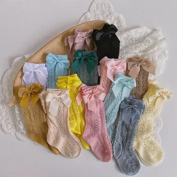 Детские носки в испанском стиле из 100% хлопка с дышащей сеткой, длинные носки для девочек, детские розовые носки принцессы до колена с бантом