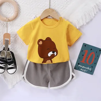 Детский комплект с коротким рукавом, хлопковая легкая футболка, Шорты, летняя одежда для маленьких мальчиков и девочек, Корейская одежда из двух предметов для маленьких девочек