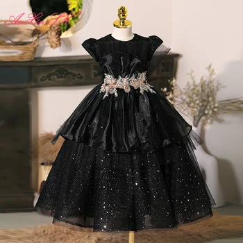 Детское платье принцессы AnXin SH с круглым вырезом без рукавов, черное кружевное платье в цветочек, юбка для девочки в цветочек, маленькое черное платье