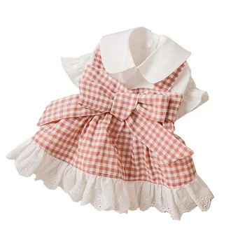 Домашнее Розовое платье для собак с бантом, летняя Тонкая кружевная клетчатая юбка в принцевую полоску, платье для померанского шпица, красивая одежда для собак Бишон Йорки, девочек-кошек