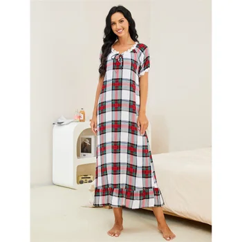 Женская летняя пижама с короткими рукавами, женское клетчатое платье для сна, удобная повседневная юбка средней длины, цельная домашняя одежда