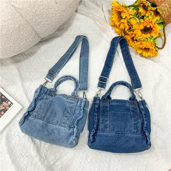 Женская маленькая сумка через плечо из джинсовой ткани для девочек, светло-голубая холщовая тканевая сумочка, маленькая повседневная сумка-тоут со съемным ремешком, женская сумочка на молнии
