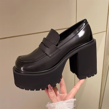 Женская обувь Maogu, черные туфли-лодочки на массивном каблуке, кожаные туфли на платформе в стиле Лолиты, лоферы без застежки на каблуке, сексуальная женская обувь на платформе, лоферы на каблуках