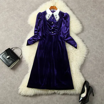 Женская одежда на зиму 2023, лацкан с длинным рукавом, лацкан из бисера, модное фиолетовое бархатное платье, новинки Европы и Америки