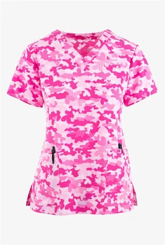Женская униформа с коротким рукавом, футболка с V-образным вырезом, рабочая униформа медсестры, карманная медицинская форма с принтом, спецодежда для медсестер