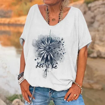 Женская футболка с V-образным вырезом и коротким рукавом с рисунком подсолнуха LET IT BE от Rheaclots