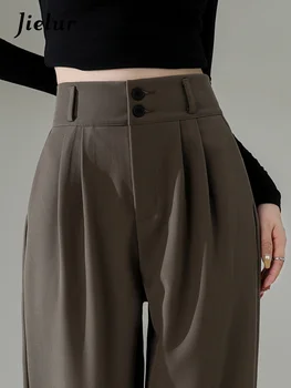 Женские брюки с высокой талией и широкими штанинами Jielur, Новые Свободные прямые брюки кофейного цвета, осенние повседневные брюки с двойными пуговицами, женские брюки