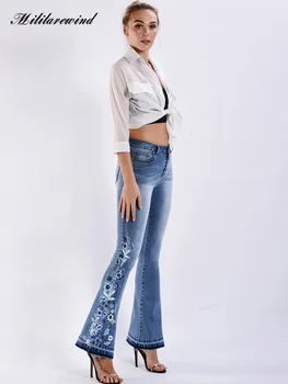 Женские джинсы с цветочной вышивкой, 3D Тяжелая промышленность, весенне-осенние джинсовые брюки, женские расклешенные брюки Y2K со средней талией, S-4XL