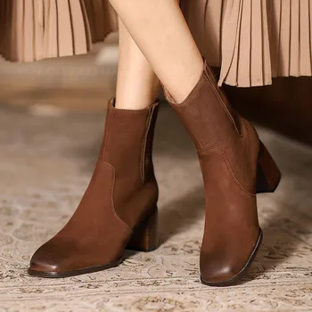 Женские осенние ботильоны из коровьей кожи на высоком каблуке толщиной 6,5 см с квадратным носком без застежки, элегантные женские короткие ботинки на каблуке в стиле OL