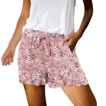Женские уличные шорты с эластичной резинкой на талии и рюшами по низу, повседневные шорты, летние шорты с цветочным принтом, Удобные брюки на шнуровке с карманами