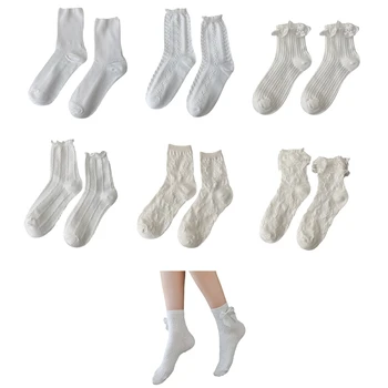 Женские хлопчатобумажные носки Кружевные чулочно-носочные изделия с рюшами, Розовые носки, короткие носки для экипажа 066C