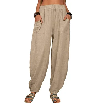 Женские шаровары, летние повседневные винтажные хлопчатобумажные льняные брюки с эластичной резинкой на талии, широкие брюки в стиле ретро, свободные карманы, женские брюки для мамы S-5XL