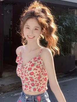 Женский камзол с цветочным рисунком, милый дизайн, элегантный, тонкий, сексуальный, универсальная летняя повседневная уличная одежда в стиле ретро, простые горячие девушки в корейском стиле