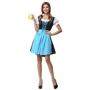 Женский Сине-черный Вышитый костюм для фестиваля Октоберфест, Немецкое Традиционное Баварское платье Пивной горничной Dirndl с фартуком
