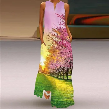 Женское Макси-платье без рукавов С Цветочным принтом Бабочки и Павлина, Длинное платье с V-образным вырезом и карманом, S-5XL 13 цветов