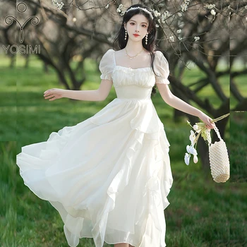 Женское платье Макси из белого шифона YOSIMI с коротким рукавом, винтаж 2023, квадратный воротник, длинный рукав, женское вечернее платье в стиле Ампир, элегантное