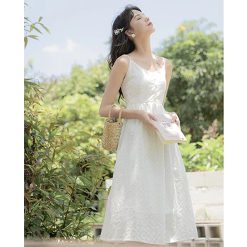 Женское платье на бретелях, Милое темпераментное платье средней длины, Свежее Новое Сказочное женское белое платье на бретелях