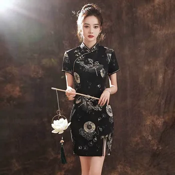 Женское Тонкое Ципао в китайском стиле, Винтажный Сексуальный Цветочный Принт, Чонсам, Летнее Мини-платье Qi Pao с коротким рукавом, Традиционное вечернее платье XXL