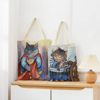 Забавный мультяшный кот с двусторонним принтом, льняная сумка для покупок, складная женская сумка, портативная удобная сумка для хранения