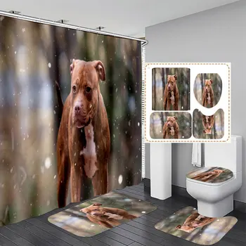Занавеска для душа с 3D-принтом Pitbull Dog, Водонепроницаемая Занавеска для ванной, Противоскользящий Коврик для ванной, Набор туалетных ковриков K03
