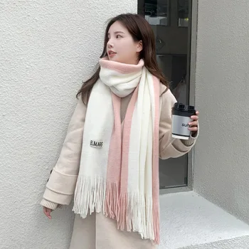 Зима 2023, Новый стиль, Двухцветный шарф для пары, Корейский вязаный шарф студентки, Утолщенный шейный платок для пары