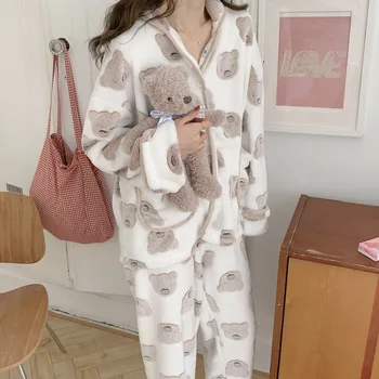 зимний толстый теплый фланелевый пижамный комплект для женщин, пижамный костюм с длинным рукавом, мультяшный медведь каваи, домашняя одежда, мягкая L775