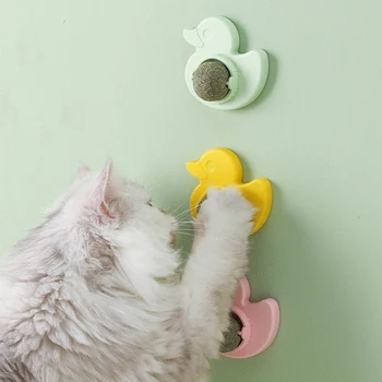 Игрушки с шариками для кошек, прилипающие к стене, Утка, кошка, облизывающая конфеты, закуски, полезные для пищеварения, Вращающиеся, натуральные для чистки зубов