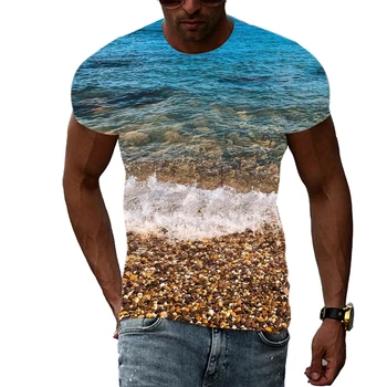 Картина с морским пейзажем в романтическом стиле с 3D принтом Харадзюку, летняя модная индивидуальность, красивая мужская футболка с круглым вырезом и короткими рукавами