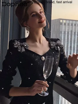 Качественное Элегантное Облегающее платье Миди Hepburn с Высоким V-образным вырезом и Бантом, Черное Облегающее платье с Тяжелыми Бриллиантами, Весна-Осень 2023, Vestidos