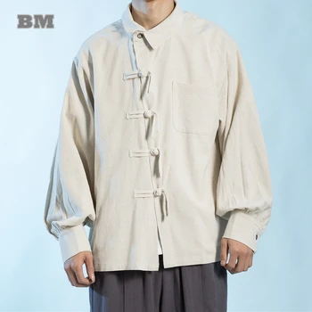 Китайская традиционная одежда С диагональной планкой, Льняная куртка, мужская одежда больших размеров, винтажная Черная рубашка, пальто большого размера с длинным рукавом