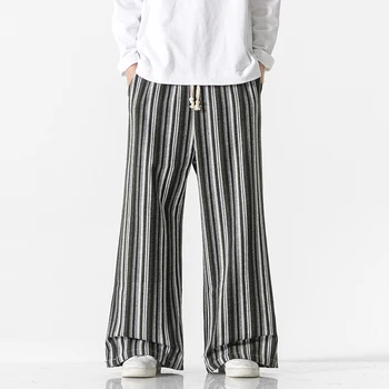 Китайские легкие брюки для ног, уличное кимоно в стиле 2023, полосатые льняные дышащие мужские шорты