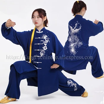 Китайский Тайчи униформа Костюм для боевых искусств Одежда тайцзи Кунг-фу одежда с вышивкой Феникс мужчины женщины взрослые мальчики девочки дети Унисекс