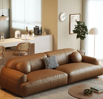 Кожаный диван в американском ретро-стиле, гостиная, тихий стиль, прямой диван для трех человек