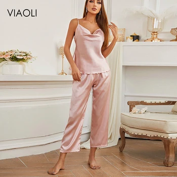 Комплект женской атласной пижамы из 2 предметов, сексуальная пижама с глубоким V-образным вырезом, топ-слинг + брюки, женская домашняя одежда, шелковые мягкие роскошные ночные рубашки, ночное белье