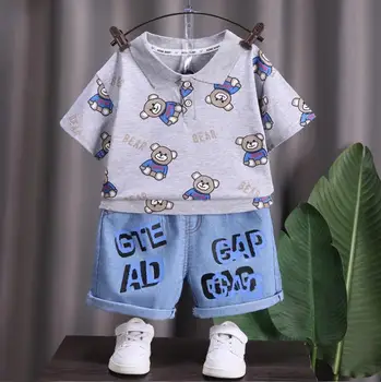 Комплект одежды для младенцев в корейском стиле, летняя рубашка с короткими рукавами и шортами для мальчиков с мультяшным принтом, комплекты из 2 предметов, детские спортивные костюмы bebe