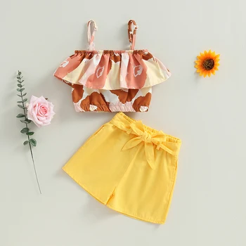 Комплекты летней одежды для девочек, топы на бретелях без рукавов с цветочными оборками, шорты с эластичной талией и поясом