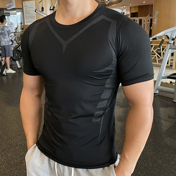Компрессионная Дышащая Мужская футболка для бега и фитнеса с коротким рукавом, эластичные быстросохнущие Спортивные Футболки для занятий бодибилдингом