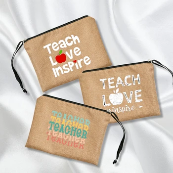 Косметичка с принтом Teacher Love Inspire для женщин, Необходимый Льняной мешочек, Органайзер для туалетных принадлежностей, Школьная сумка для хранения карандашей, подарок учителю
