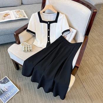 Костюм-юбка для женщин Лето 2023 Открытая одинарная юбка С высокой талией, обтянутая вилкой для мяса Рубашка Костюмы Платье