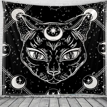 Кошка Мандала Хиппи Макраме Настенный декор в стиле бохо, гобелен для колдовства, домашний декор для комнаты, черно-белое тонкое одеяло, коврик для йоги