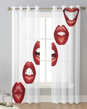 Красные губы, Зубы, Белый фон, Тюлевые шторы, Прозрачные шторы на окне в гостиной, Кухня, Балкон, Современные Вуалевые шторы