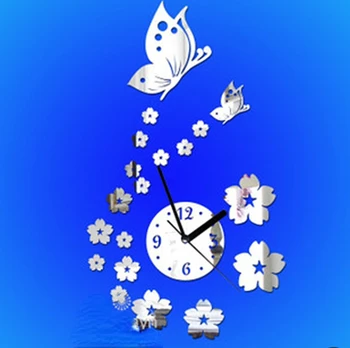 Креативные 3D Настенные Часы Винтажное Украшение Дома Акриловые Настенные Зеркала Наклейки Декор Гостиной Бабочка и Цветок Немой Часы
