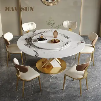 Круглый стол с поворотом на 360 °, Гладкий Поворотный стол, Дизайнерская Обеденная мебель из нержавеющей стали, Кухонный стол и стул из каменной плиты