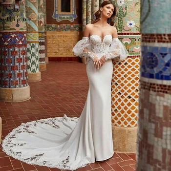 Кружевное свадебное платье Русалки 2023, Сексуальное свадебное платье с пышными рукавами и открытой спиной, Элегантное свадебное платье с длинным шлейфом Для женщин-невест