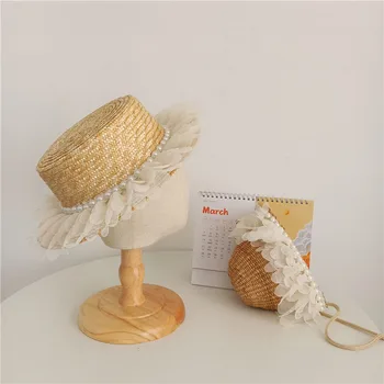 Кружевные сумки из пшеничной соломы в стиле INS, модная пляжная сумка-шляпа для девочек С декоративной каймой из жемчуга, детские аксессуары